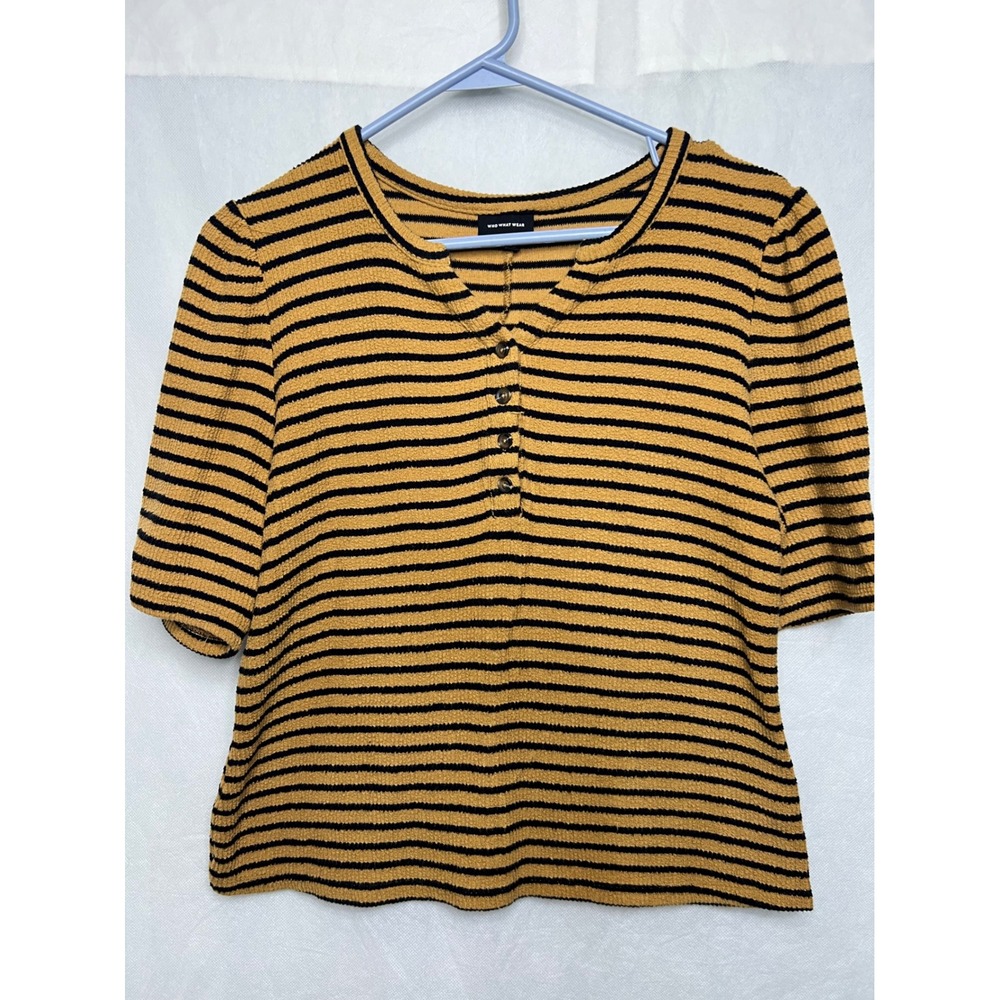 Who What Wear Womens Henley Top Mustard Yellow Black Striped Cotton Size M